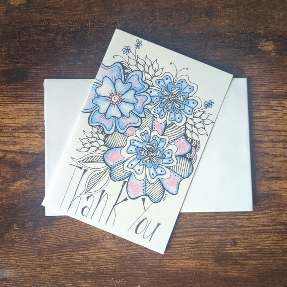 🌻 5/$20 Handmade Floral Zentangle Thank You Card- Blue, Pink & Black